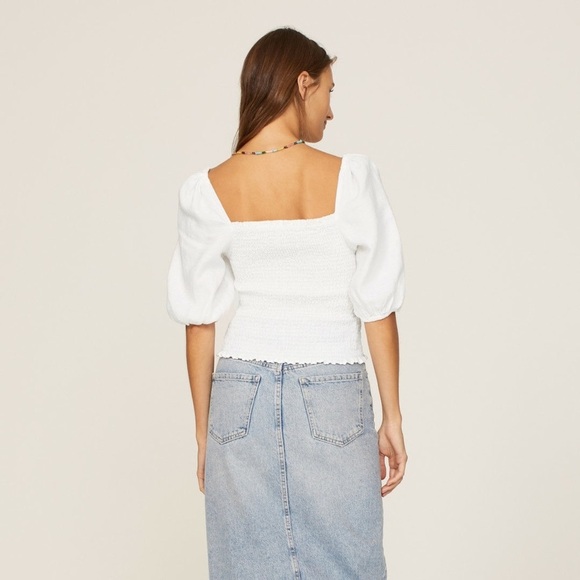 Faherty Frankie Oyster White Smocked Puff Sleeve Blouse Linen - Picture 2 of 6